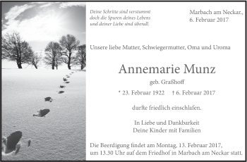 Traueranzeige von Annemarie Munz von Marbacher Zeitung