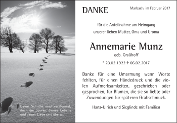 Traueranzeige von Annemarie Munz von Marbacher Zeitung
