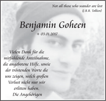 Traueranzeige von Benjamin Goheen von Marbacher Zeitung