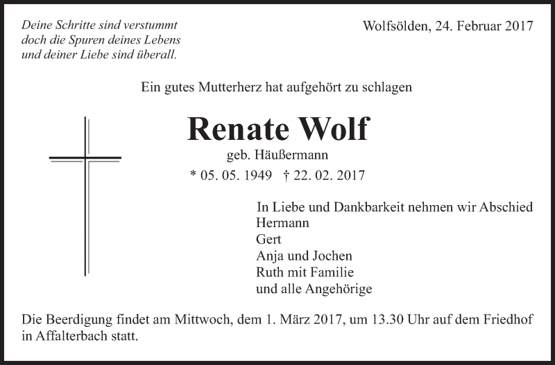  Traueranzeige für Renate Wolf vom 24.02.2017 aus Marbacher Zeitung
