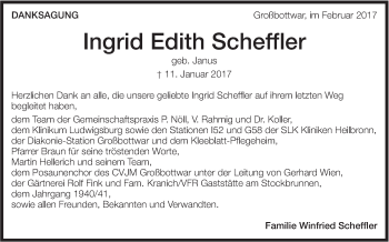 Traueranzeige von Ingrid Scheffler von Marbacher Zeitung