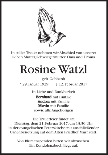Traueranzeige von Rosine Watzl von Marbacher Zeitung