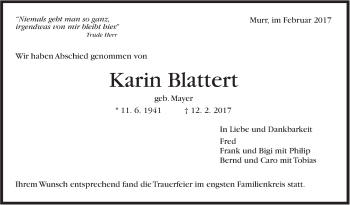 Traueranzeige von Karin Blattert von Marbacher Zeitung