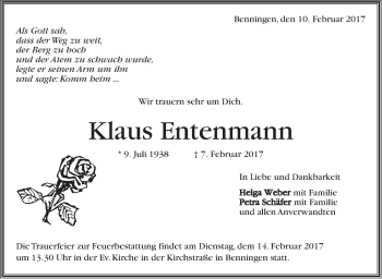 Traueranzeige von Klaus Entenmann von Marbacher Zeitung