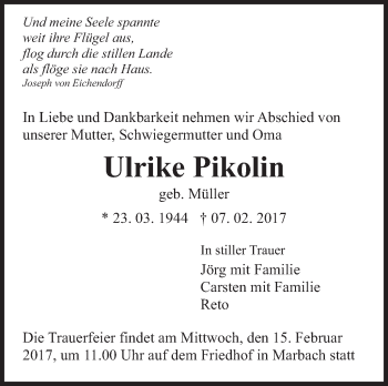 Traueranzeige von Ulrike Pikolin von Marbacher Zeitung