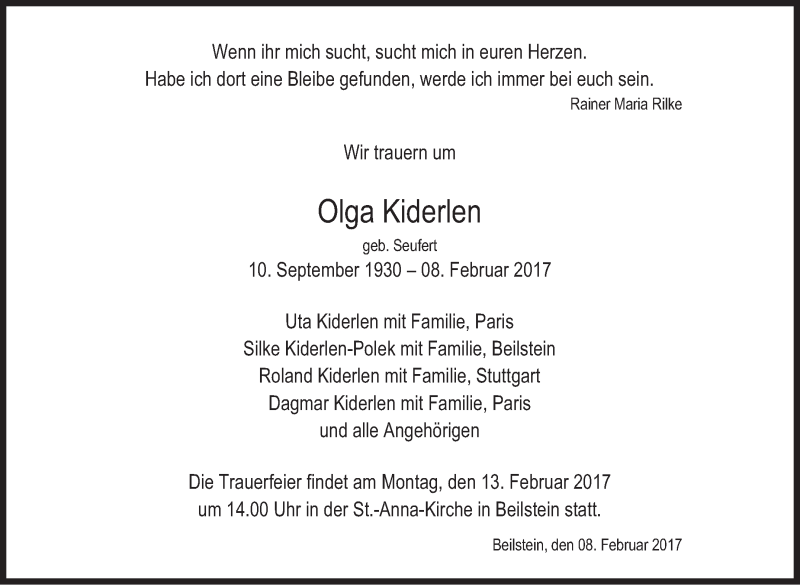  Traueranzeige für Olga Kiderlen vom 11.02.2017 aus Marbacher Zeitung