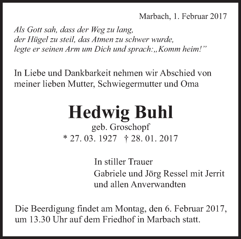  Traueranzeige für Hedwig Buhl vom 01.02.2017 aus Marbacher Zeitung