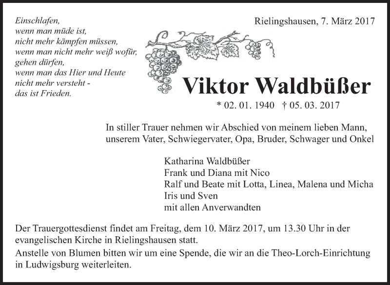  Traueranzeige für Viktor Waldbüßer vom 07.03.2017 aus Marbacher Zeitung