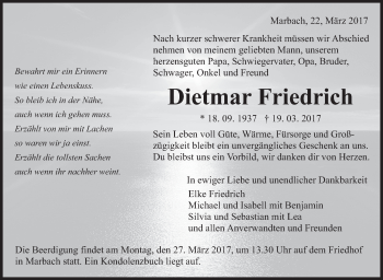 Traueranzeige von Dietmar Friedrich von Marbacher Zeitung
