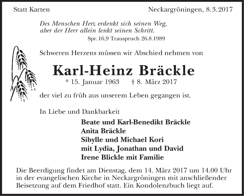  Traueranzeige für Karl-Heinz Bräckle vom 11.03.2017 aus Marbacher Zeitung