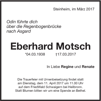 Traueranzeige von Eberhard Motsch von Marbacher Zeitung