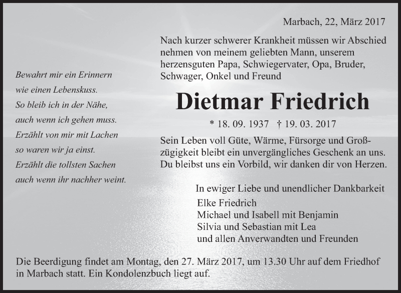  Traueranzeige für Dietmar Friedrich vom 22.03.2017 aus Marbacher Zeitung