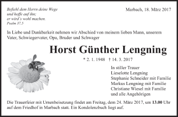 Traueranzeige von Horst Günther Lengning von Marbacher Zeitung