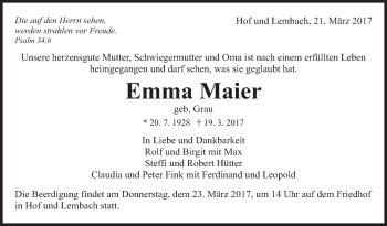 Traueranzeige von Emma Maier von Marbacher Zeitung