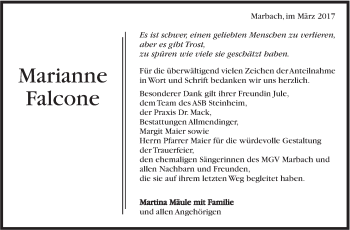Traueranzeige von Marianne Falcone von Marbacher Zeitung