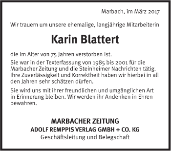 Traueranzeige von Karin Blattert von Marbacher Zeitung