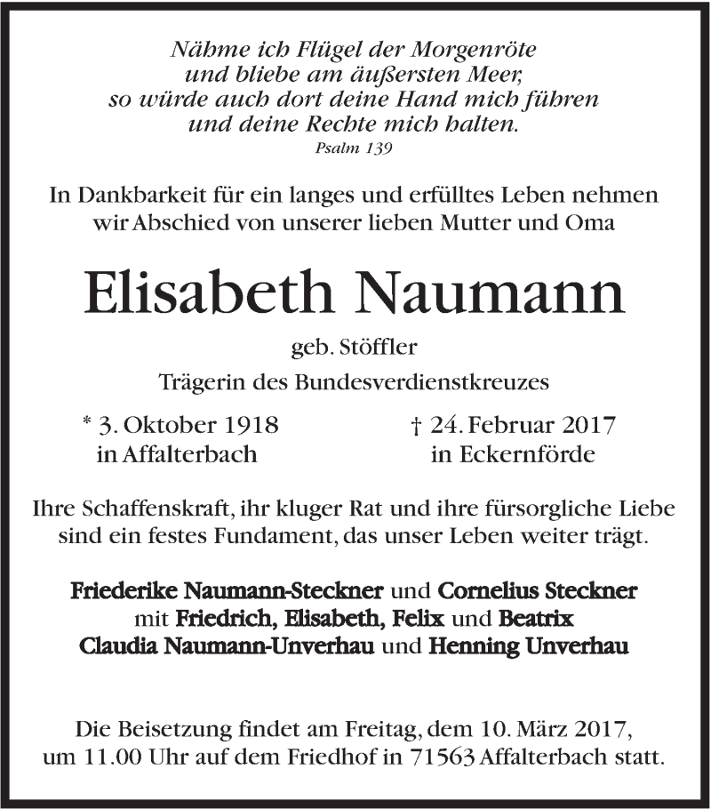  Traueranzeige für Elisabeth Naumann vom 04.03.2017 aus Marbacher Zeitung