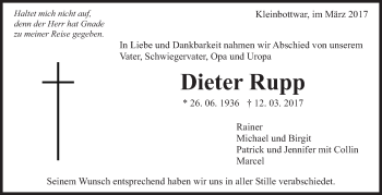 Traueranzeige von Dieter Rupp von Marbacher Zeitung