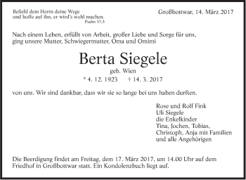 Traueranzeige von Berta Siegele von Marbacher Zeitung