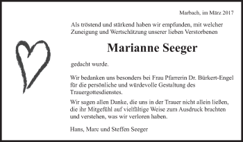 Traueranzeige von Marianne Seeger von Marbacher Zeitung