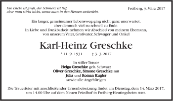 Traueranzeige von Karl-Heinz Greschke von Marbacher Zeitung