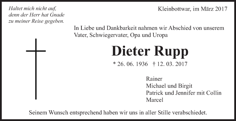  Traueranzeige für Dieter Rupp vom 18.03.2017 aus Marbacher Zeitung