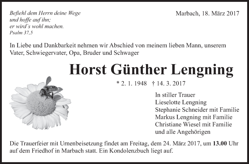  Traueranzeige für Horst Günther Lengning vom 18.03.2017 aus Marbacher Zeitung