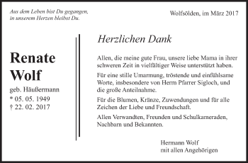 Traueranzeige von Renate Wolf von Marbacher Zeitung