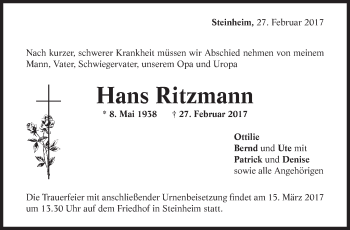 Traueranzeige von Hans Ritzmann von Marbacher Zeitung
