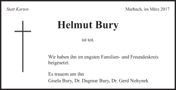Traueranzeige von Helmut Bury von Marbacher Zeitung