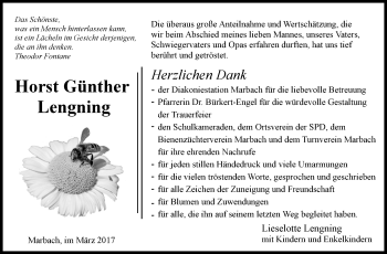 Traueranzeige von Horst Günther Lengning von Marbacher Zeitung