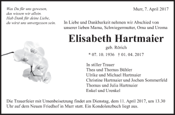 Traueranzeige von Elisabeth Hartmaier von Marbacher Zeitung