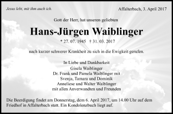 Traueranzeige von Hans-Jürgen Waiblinger von Marbacher Zeitung