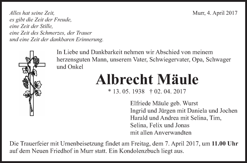  Traueranzeige für Albrecht Mäule vom 04.04.2017 aus Marbacher Zeitung