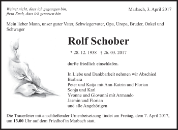 Traueranzeige von Rolf Schober von Marbacher Zeitung