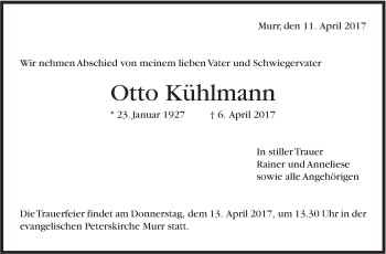 Traueranzeige von Otto Kühlmann von Marbacher Zeitung