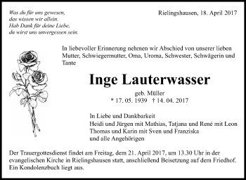Traueranzeige von Inge Lauterwasser von Marbacher Zeitung