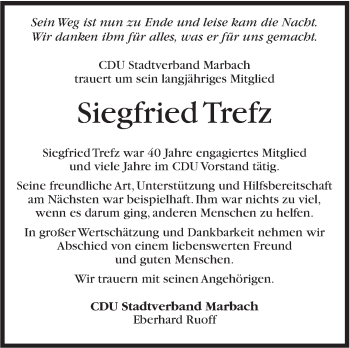 Traueranzeige von Siegfried Trefz von Marbacher Zeitung