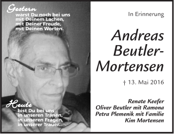Traueranzeige von Andreas Beutler-Mortensen von Marbacher Zeitung