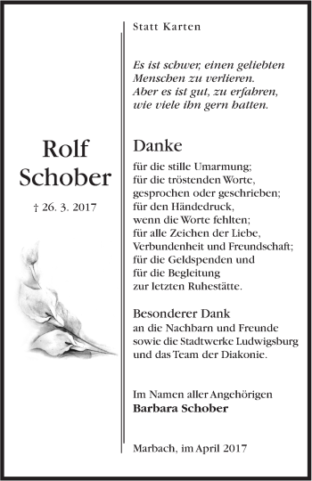 Traueranzeige von Rolf Schober von Marbacher Zeitung