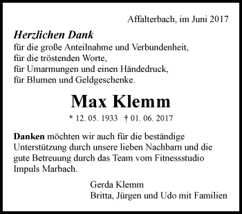 Traueranzeige von Max Klemm von Marbacher Zeitung