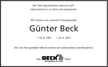 Traueranzeige von Günter Beck von Marbacher Zeitung