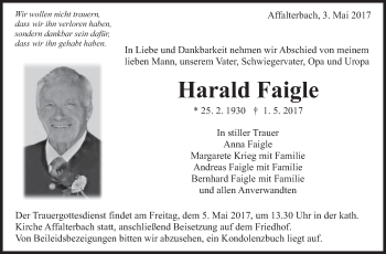 Traueranzeige von Harald Faigle von Marbacher Zeitung
