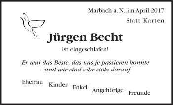 Traueranzeige von Jürgen Becht von Marbacher Zeitung