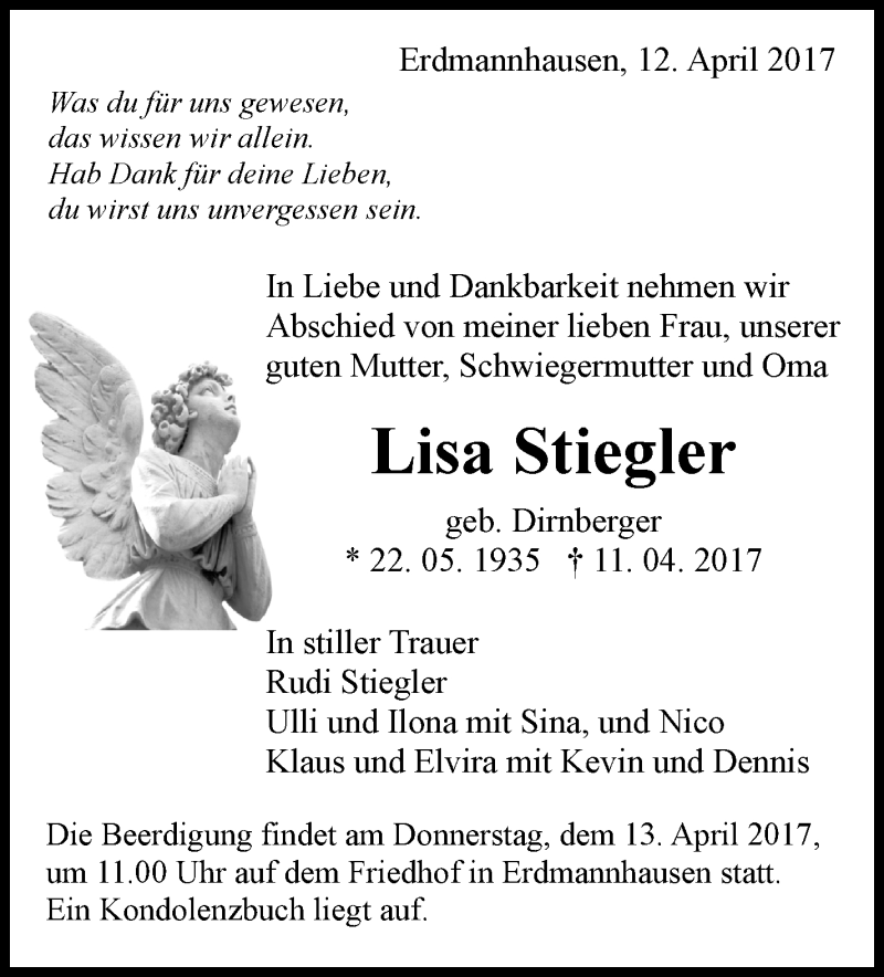  Traueranzeige für Lisa Stiegler vom 12.04.2017 aus Marbacher Zeitung