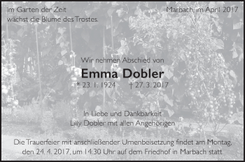 Traueranzeige von Emma Dobler von Marbacher Zeitung
