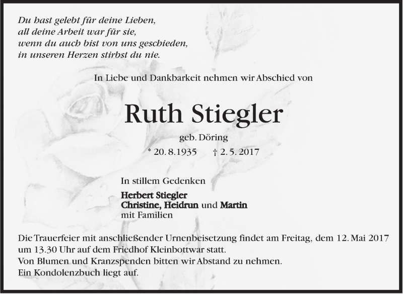  Traueranzeige für Ruth Stiegler vom 09.05.2017 aus Marbacher Zeitung