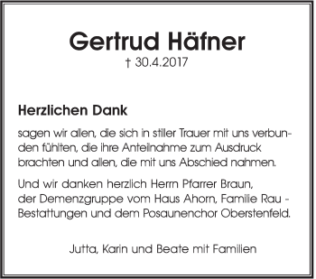 Traueranzeige von Gertrud Häfner von Marbacher Zeitung