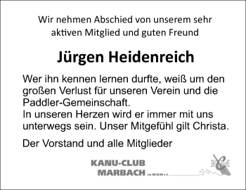 Traueranzeige von Jürgen Heidenreich von Marbacher Zeitung