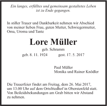 Traueranzeige von Lore Müller von Marbacher Zeitung
